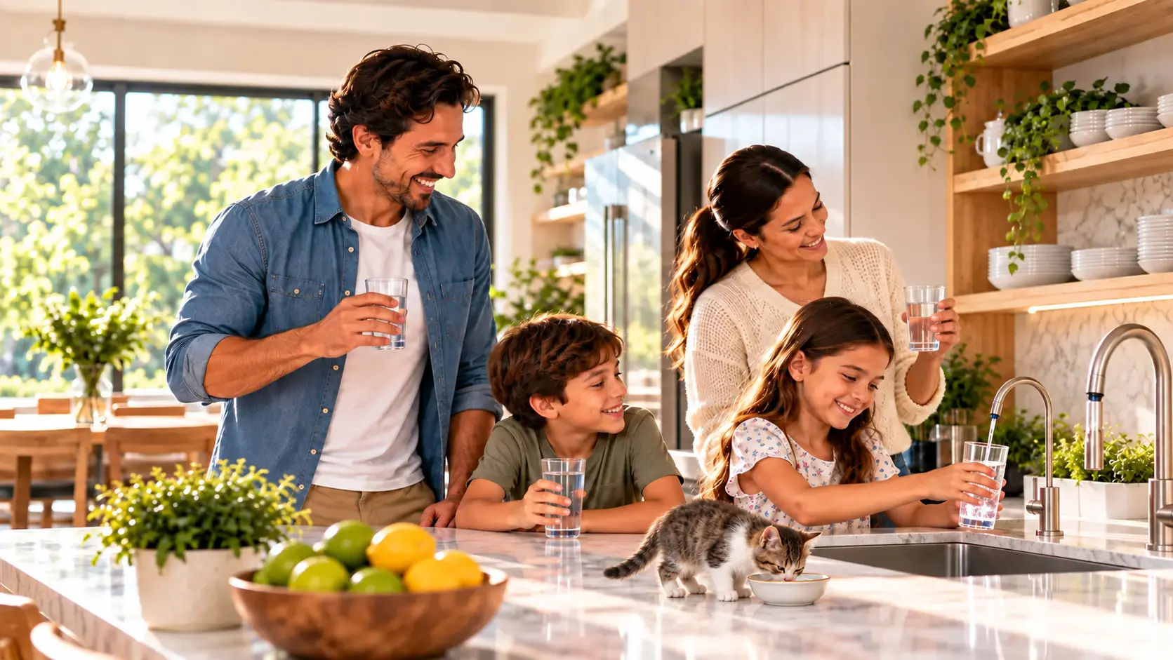 La misma familia feliz mientras la niña se sirve agua desde la llave de AquosLife y un gatito bebe agua de su plato