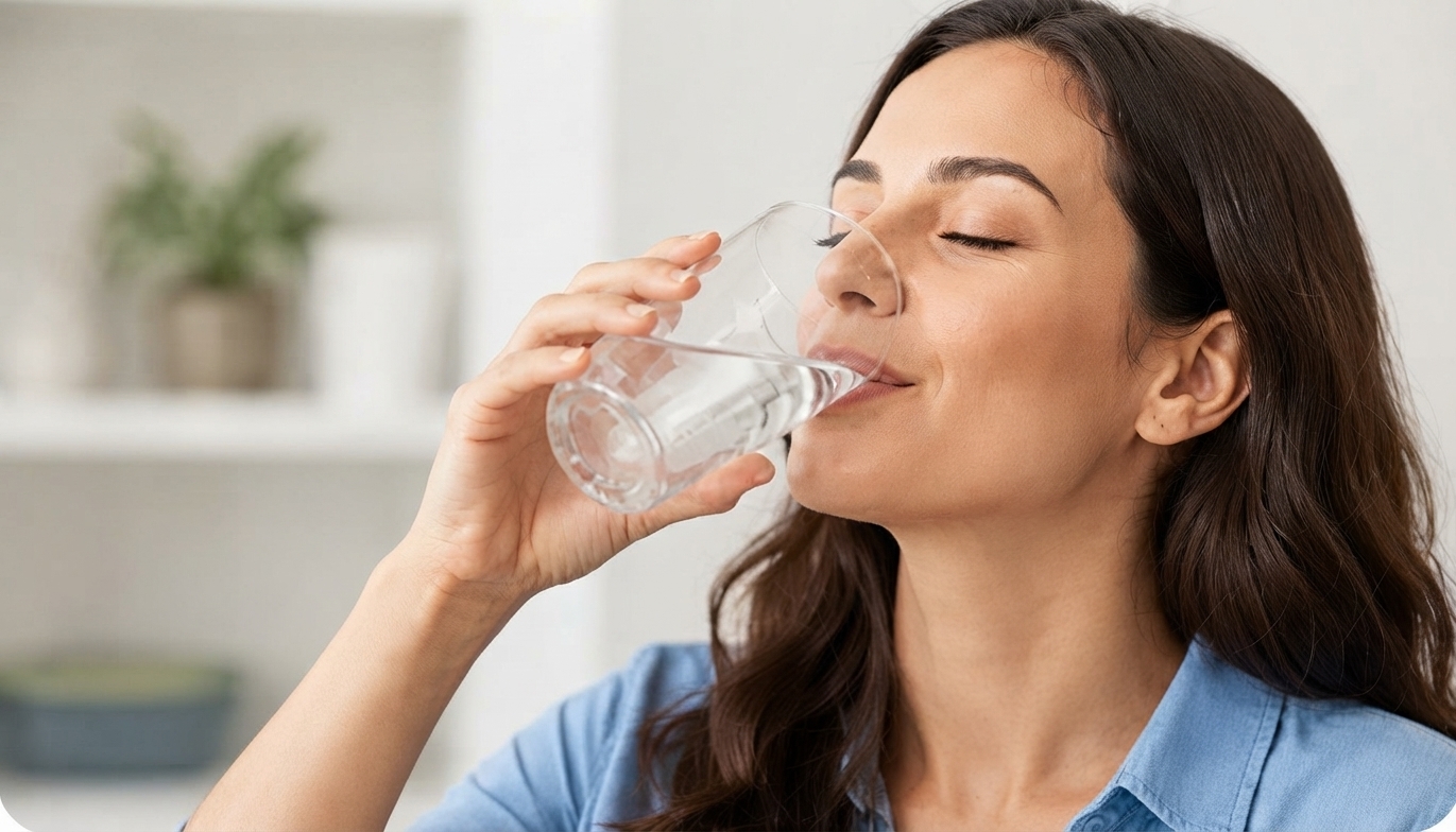 Mujer disfrutando un vaso de agua ultrapurificada
